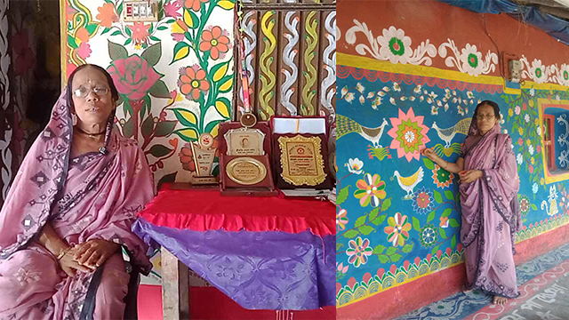 নাচোলে বিধবা নারীর হাতে আলপনায় সাজল বাড়ি