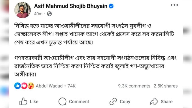 নিষিদ্ধ হচ্ছে যুবলীগ ও স্বেচ্ছাসেবক লীগ: আসিফ মাহমুদ